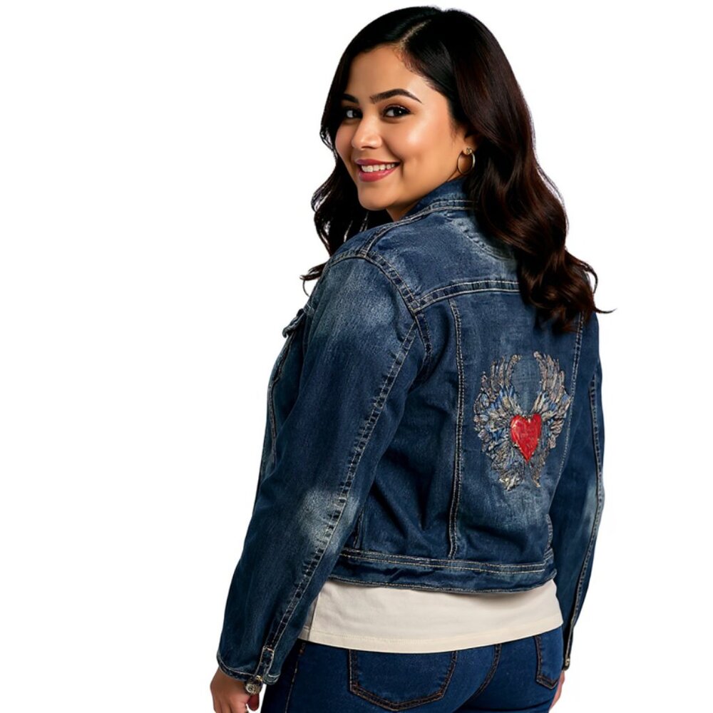 WALLFLOWER Denim Jacket XL Y2K 2000s Heart Wings Painted Design Rhinestones